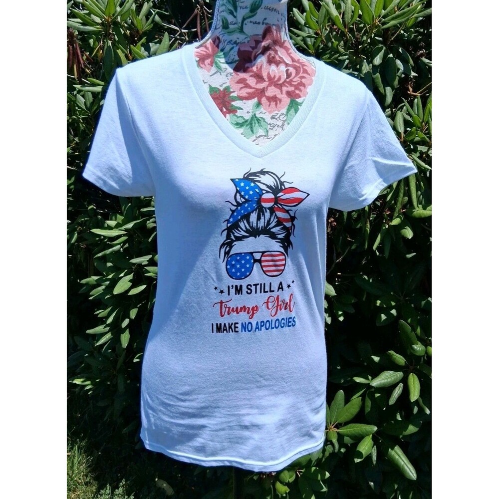 Gildan Women S Red White Blue Cotton Vneck Tshirt Trump Girl Make No Apologies
